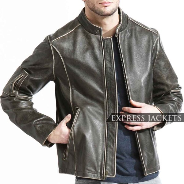 Distressed Dark Brown Leather Jacket Men