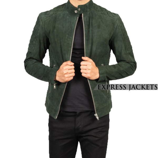 Slimfit Green Suede Biker Jacket For Men
