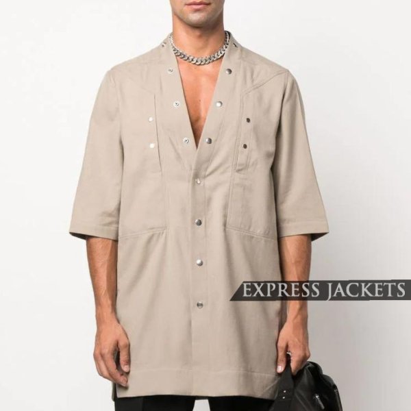 Men's Beige Cotton V-Neck Half-Sleeve Shirt