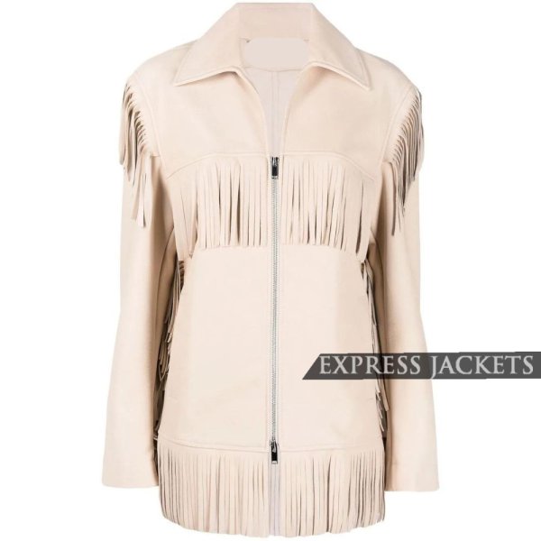 Women's Beige Faux Leather Fringe Zip-Up Jacket