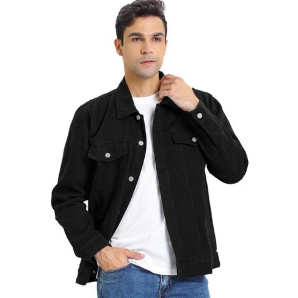 mens-casual-button-up-black-cotton-trucker-jacket mens-casual-button-up-black-cotton-trucker-jacket